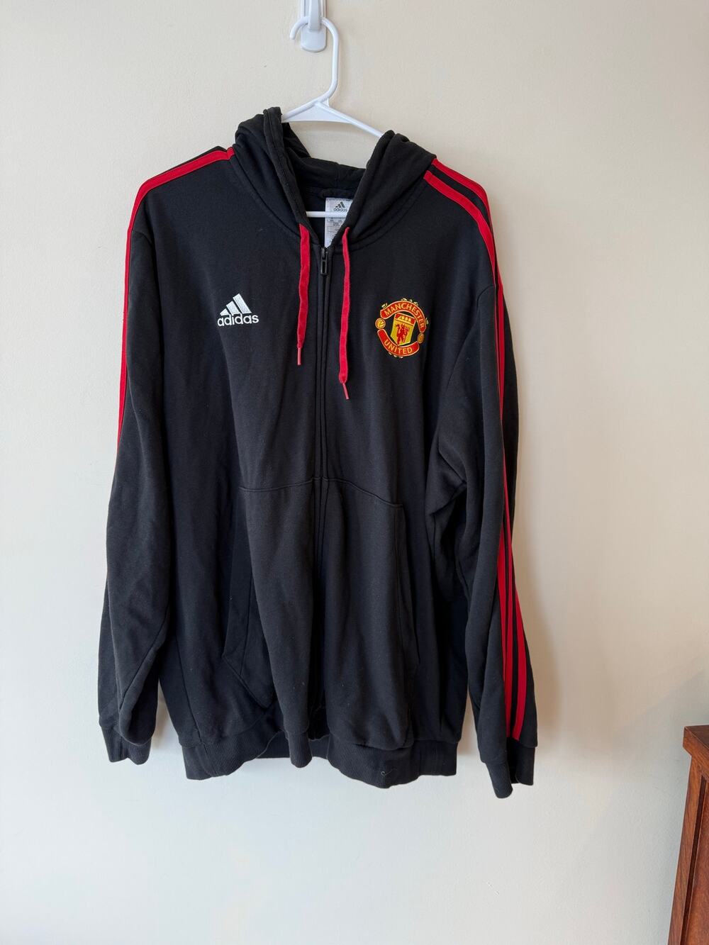 Adidas Manchester United Full Zip Hoodie SZ 2XL Men's Black Ribbed Cuff  Stripes